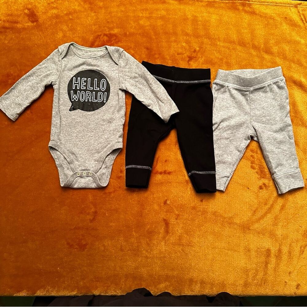 Cloud Island 3-6 Month Hello World Grey Long Sleeved Onesie and Grey Black Pants